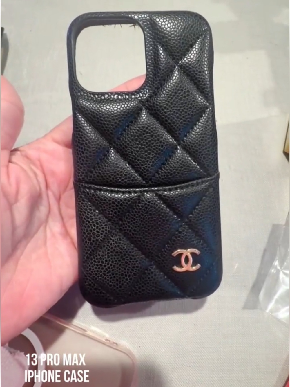 13 pro max CHANEL Black Quilted Caviar Leather Card Holder with Gold CC